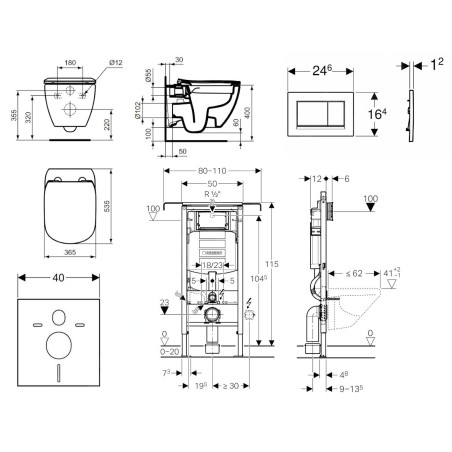 Geberit Duofix - Set de bâti-support, WC suspendu Rimless+ abattant SoftClose Ideal Standard Tesi, plaque de déclenchement