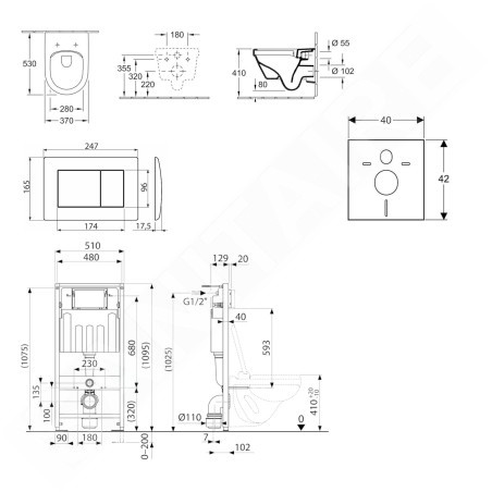 kielle Genesis - Set de bâti-support, cuvette Architectura et abattant softclose, CeramicPlus, plaque de déclenchement Gemini