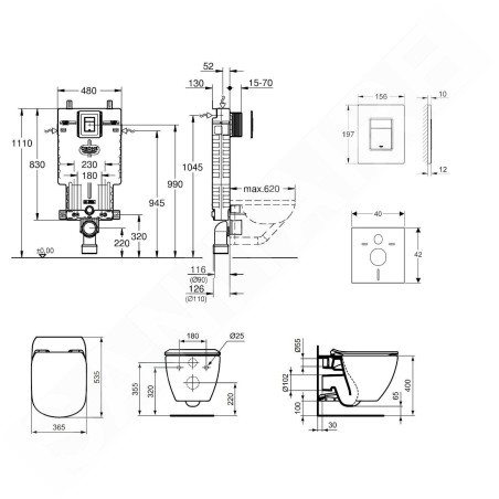 Grohe Uniset - Set de bâti-support, cuvette et abattant IdealStandard, plaque de déclenchement Skate Cosmo, Aquablade,