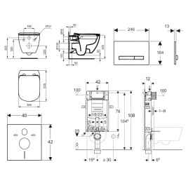 Geberit Kombifix - Set de bâti-support, WC suspendu Rimless+ abattant SoftClose Ideal Standard Tesi, plaque de déclenchement