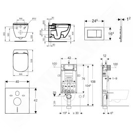 Geberit Kombifix - Set de bâti-support, WC suspendu Rimless+ abattant SoftClose Ideal Standard Tesi, plaque de déclenchement