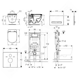 Geberit Duofix - Set de bâti-support, WC suspendu Rimless + abattant SoftClose Ideal Standard Tesi, plaque de déclenchement
