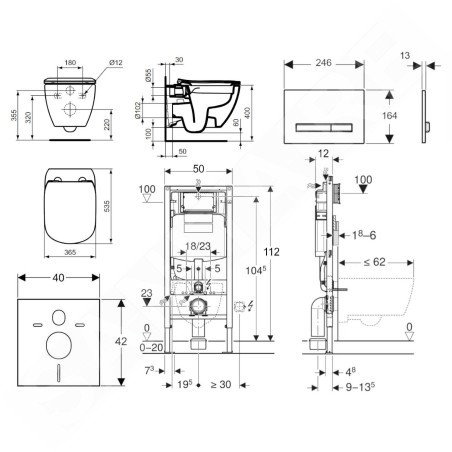 Geberit Duofix - Set de bâti-support, WC suspendu Rimless + abattant SoftClose Ideal Standard Tesi, plaque de déclenchement