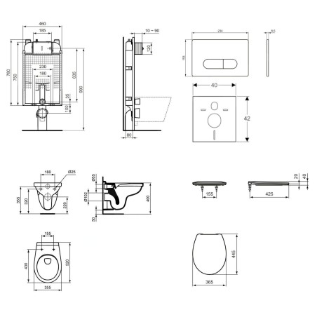 Ideal Standard ProSys - Set d'installation pré-murale, cuvette Alpha avec abattant, plaque de déclenchement Oleas M1,