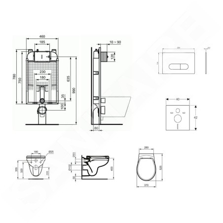 Ideal Standard ProSys - Ensemble pour WC suspendu, cuvette et abattant Eurovit, Plaque de déclenchement Oleas M1, Rimless,