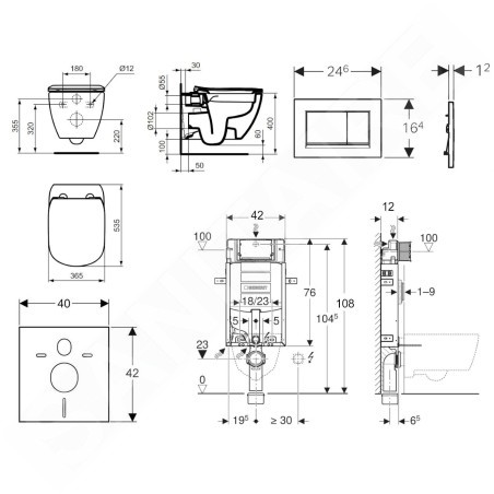 Geberit Kombifix - Set de bâti-support, WC suspendu Rimless+ abattant SoftClose Ideal Standard Tesi, plaque de déclenchement