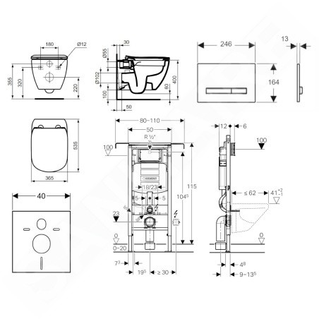Geberit Duofix - Set de bâti-support, WC suspendu Rimless+ abattant SoftClose Ideal Standard Tesi, plaque de déclenchement
