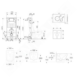 kielle Genesis - Set de bâti-support, cuvette, abattant softclose et plaque de déclenchement Gemini II, noir mat / chrome