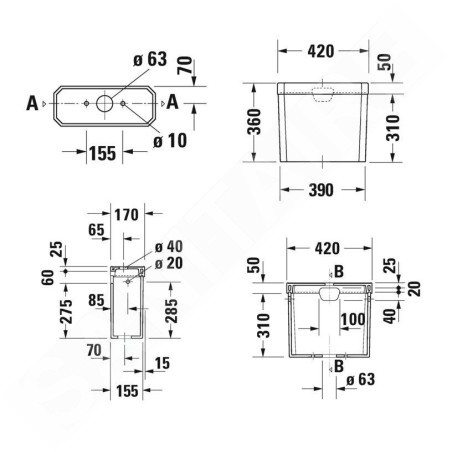 Duravit 1930 - Réservoir de chasse d’eau, 430 mm x 175 mm, blanc - réservoir, raccordement à droite ou à gauche 0872200005