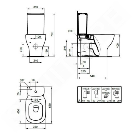 Ideal Standard Tesi - Réservoir de chasse d'eau, remplissage par le bas, noir soyeux T3568V3