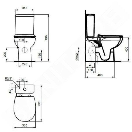 Ideal Standard Eurovit - WC à poser avec abattant SoftClose, évacuation Vario, remplissage par le bas, RimLS+, blanc W007501
