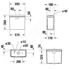 Duravit D-Neo - Réservoir de chasse d'eau 395x180 mm, connexion en bas à gauche, blanc 0944100005