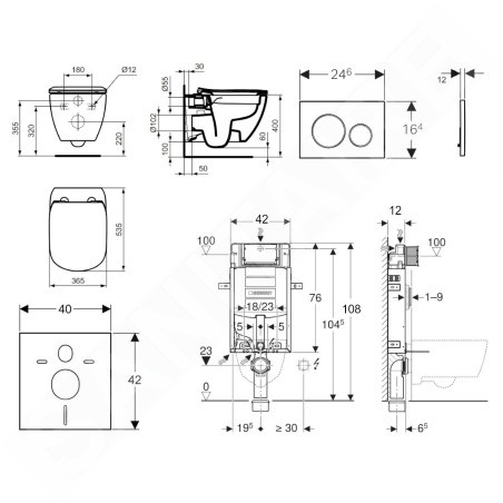 Geberit Kombifix - Set de bâti-support, WC suspendu Rimless+ abattant SoftClose Ideal Standard Tesi, plaque de déclenchement