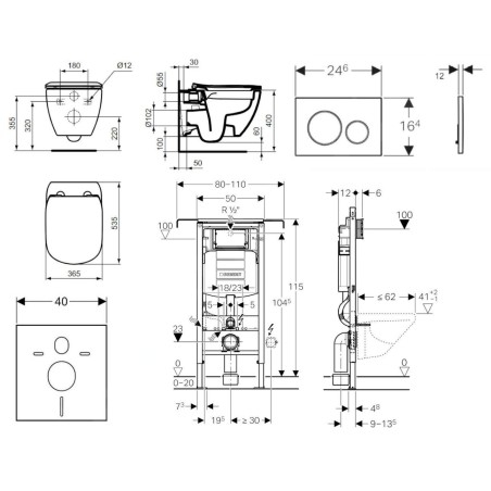 Geberit Duofix - Set de bâti-support, WC suspendu Rimless+ abattant SoftClose Ideal Standard Tesi, plaque de déclenchement