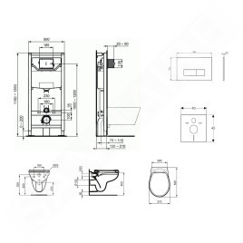 Ideal Standard ProSys - Ensemble pour WC suspendu, cuvette et abattant Eurovit, Plaque de déclenchement Oleas M2, Rimless,