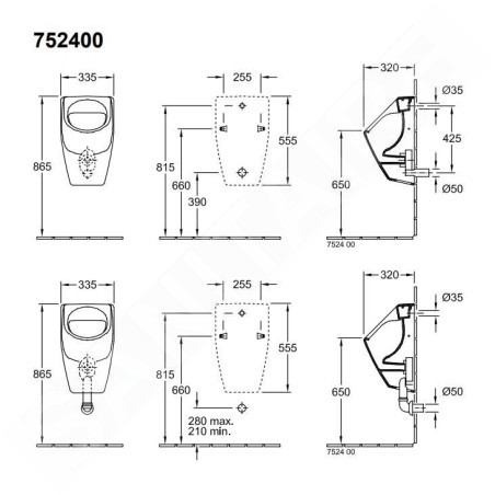 Villeroy & Boch O.novo - Urinoir à action siphonique, 335 x 560 x 320 mm - avec CeramicPlus, blanc alpin 752400R1