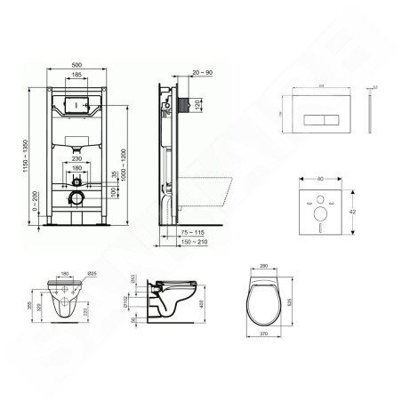 Ideal Standard ProSys - Ensemble pour WC suspendu, cuvette et abattant Eurovit, Plaque de déclenchement Oleas M2, Rimless,