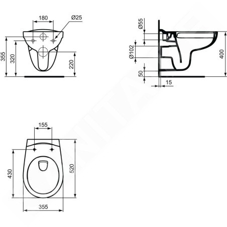 Ideal Standard Eurovit - WC suspendu, 355x520x350 mm, Rimless, blanc K284401