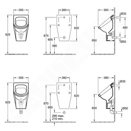 Villeroy & Boch Architectura - Urinoir à action siphonique, 355 mm x 620 mm x 385 mm, blanc - urinoir, avec cible, avec