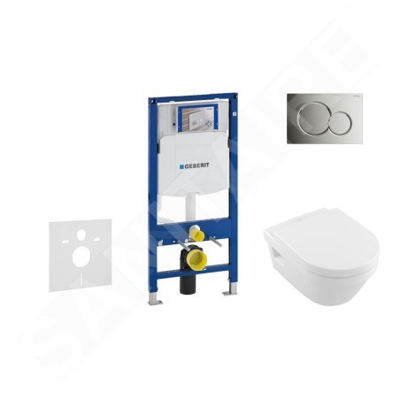 Geberit Duofix - Bâti-support pour WC suspendu avec plaque de déclenchement Sigma 01, chrome brillant + Villeroy Boch – cuvette