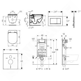 Geberit Kombifix - Set de bâti-support, WC suspendu Rimless+ abattant SoftClose Ideal Standard Tesi, plaque de déclenchement