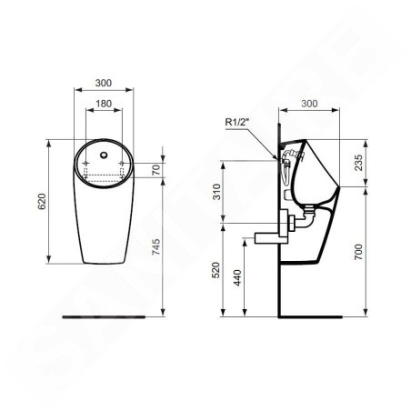 Ideal Standard Sphero - Urinoir, alimentation arrière, Rimless, blanc E183201