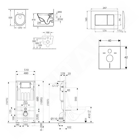 kielle Genesis - Set de bâti-support, cuvette Architectura et abattant softclose, plaque de déclenchement Gemini III, noir mat