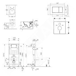 kielle Genesis - Set de bâti-support, cuvette Subway et abattant softclose, CeramicPlus, plaque de déclenchement Gemini III,