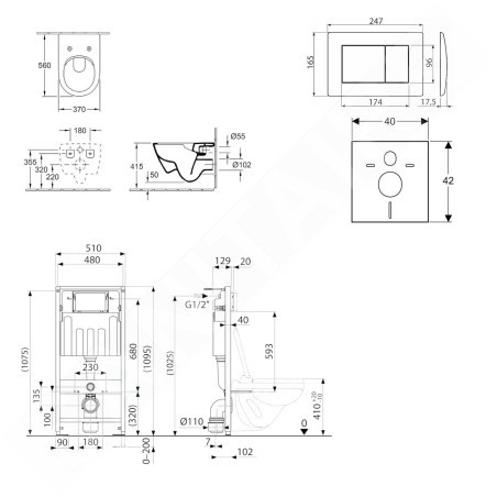 kielle Genesis - Set de bâti-support, cuvette Subway et abattant softclose, CeramicPlus, plaque de déclenchement Gemini III,