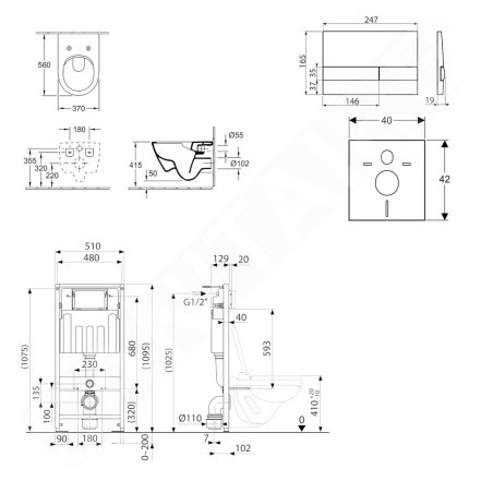 kielle Genesis - Set de bâti-support, cuvette Subway et abattant softclose, CeramicPlus, plaque de déclenchement Gemini I,
