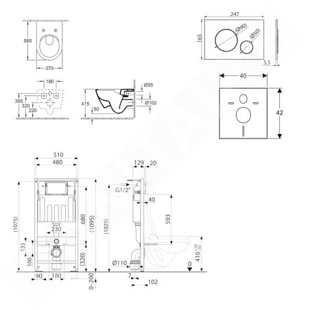 kielle Genesis - Set de bâti-support, cuvette Subway et abattant softclose, CeramicPlus, plaque de déclenchement Gemini II,