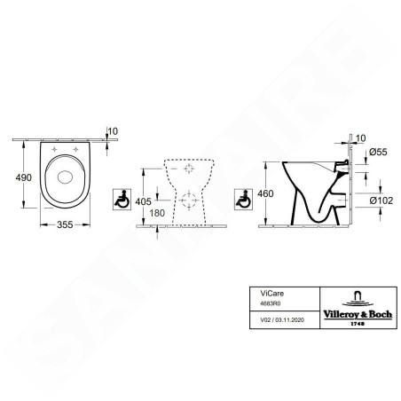 Villeroy & Boch ViCare - WC à poser, sortie par arrière, Rimless, CeramicPlus, blanc alpin 4683R0R1