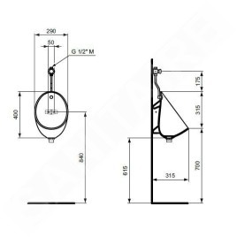 Ideal Standard Eurovit - Urinoir, arrivée d'eau par le haut, blanc E265601