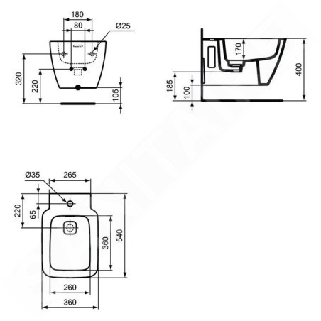 Ideal Standard Strada II - Bidet suspendu, 360x540 mm, avec trop-plein, trou pour robinetterie, blanc T456801