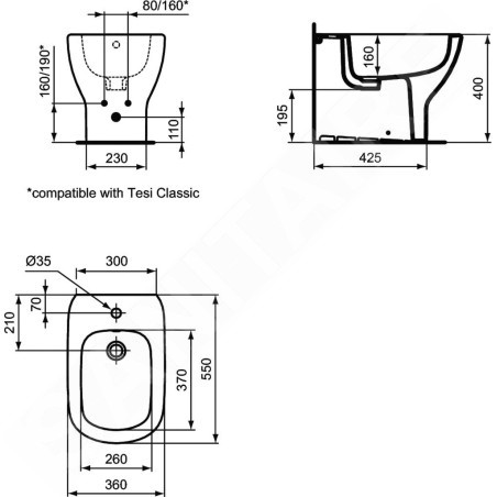 Ideal Standard Tesi - Bidet à poser, 1 trou pour robinetterie, noir T3540V3