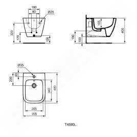 Ideal Standard i.Life S - Bidet suspendu, 355x480 mm, avec trop-plein, trou pour robinetterie, blanc T459301