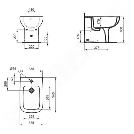 Ideal Standard i.Life A - Bidet à poser, 355x540 mm, avec trop-plein, trou pour robinetterie, blanc T472001