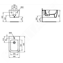 Ideal Standard Blend - Bidet suspendu, 360x540 mm, avec trop-plein, trou pour robinet, blanc T368701