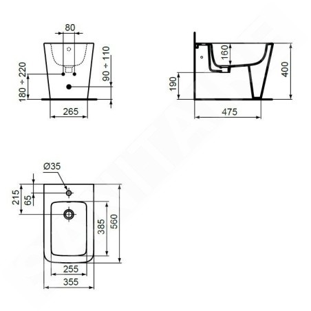 Ideal Standard Blend - Bidet à poser, 355x560 mm, avec trop-plein, trou pour robinet, blanc T368901