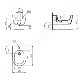 Ideal Standard Blend - Bidet suspendu, 355x540 mm, avec trop-plein, trou pour robinet, blanc T375001