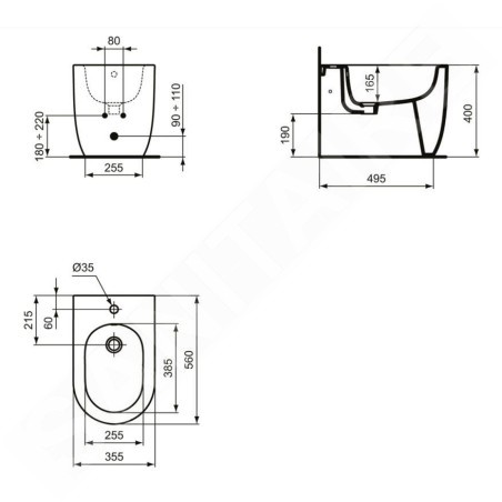 Ideal Standard Blend - Bidet à poser, 355x560 mm, avec trop-plein, trou pour robinet, blanc T375301