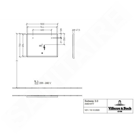 Villeroy & Boch Subway 3.0 - Miroir avec cadre et éclairage LED, 100x75 mm, capteur tactile A4631000