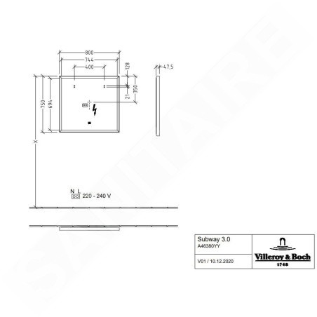 Villeroy & Boch Subway 3.0 - Miroir avec cadre et éclairage LED, 80x75 cm, capteur tactile A4638000