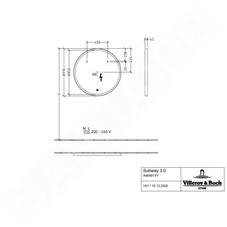 Villeroy & Boch Subway 3.0 - Miroir avec cadre et éclairage LED, diamètre 91 cm, capteur tactile A4649100