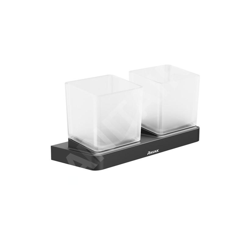 Ravak 10° - Porte-verre pour brosse à dents et dentrifrice avec support, noir / verre X07P558