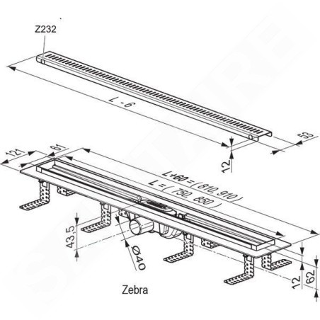 Ravak Zebra - Garniture de vidage pour douche avec grille en inox, 750 mm X01433