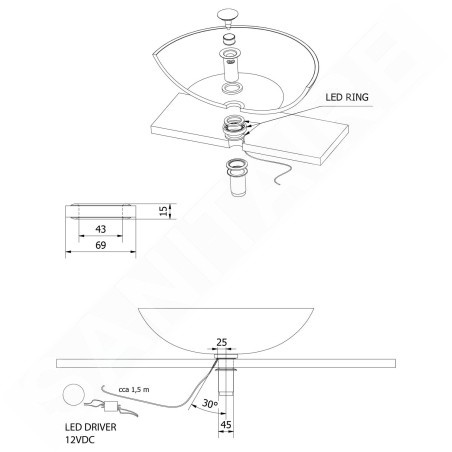 Sapho Éclairage - Eclairage LED Ledring sous le lavabo en verre, 12V WP94051LED