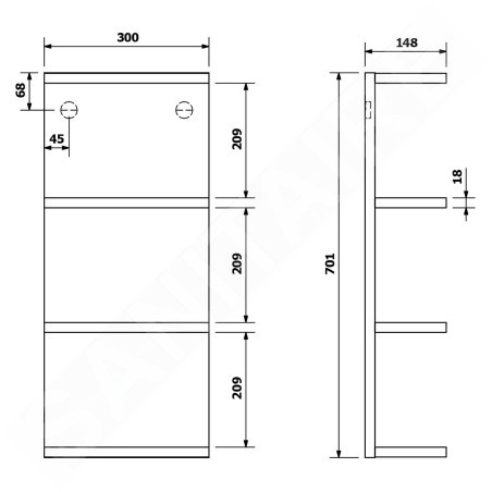 Sapho Riwa - Armoire à étagères ouverte 300x700x150 mm, blanc brillant RIW300-0030