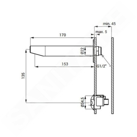 Sanela Robinet infrarouge - Robinet de lavabo mural automatique, alimentation depuis pile de 6V, mat inox SLU 39BX