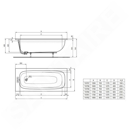 Ideal Standard i.Life - Baignoire 1700x700 mm, blanc T475901